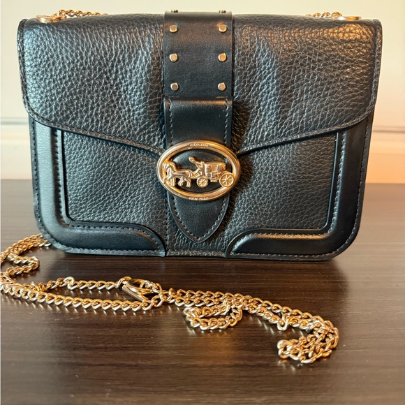 Coach Handbags - Coach Black Leather Crossbody with Gold Chain & Horse Carriage Emblem